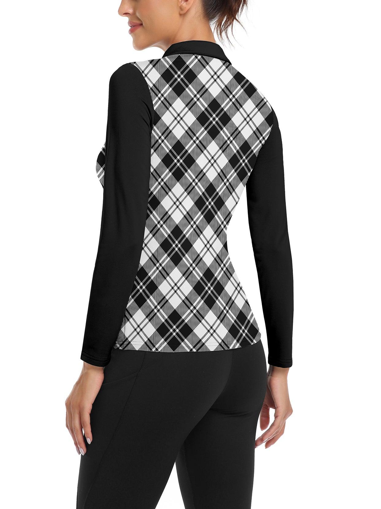 Black and Grey Checkerboard V-Neck Long-sleeve Fleece Top for Women