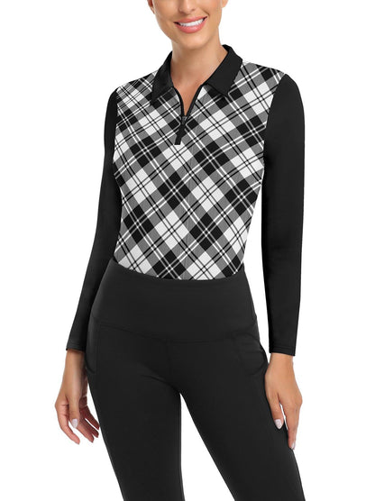 Black and Grey Checkerboard V-Neck Long-sleeve Golf Shirt for Women