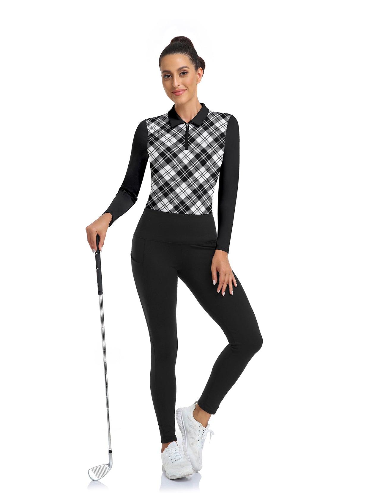 Black and Grey Checkerboard V-Neck Long-sleeve Golf Shirt for Women