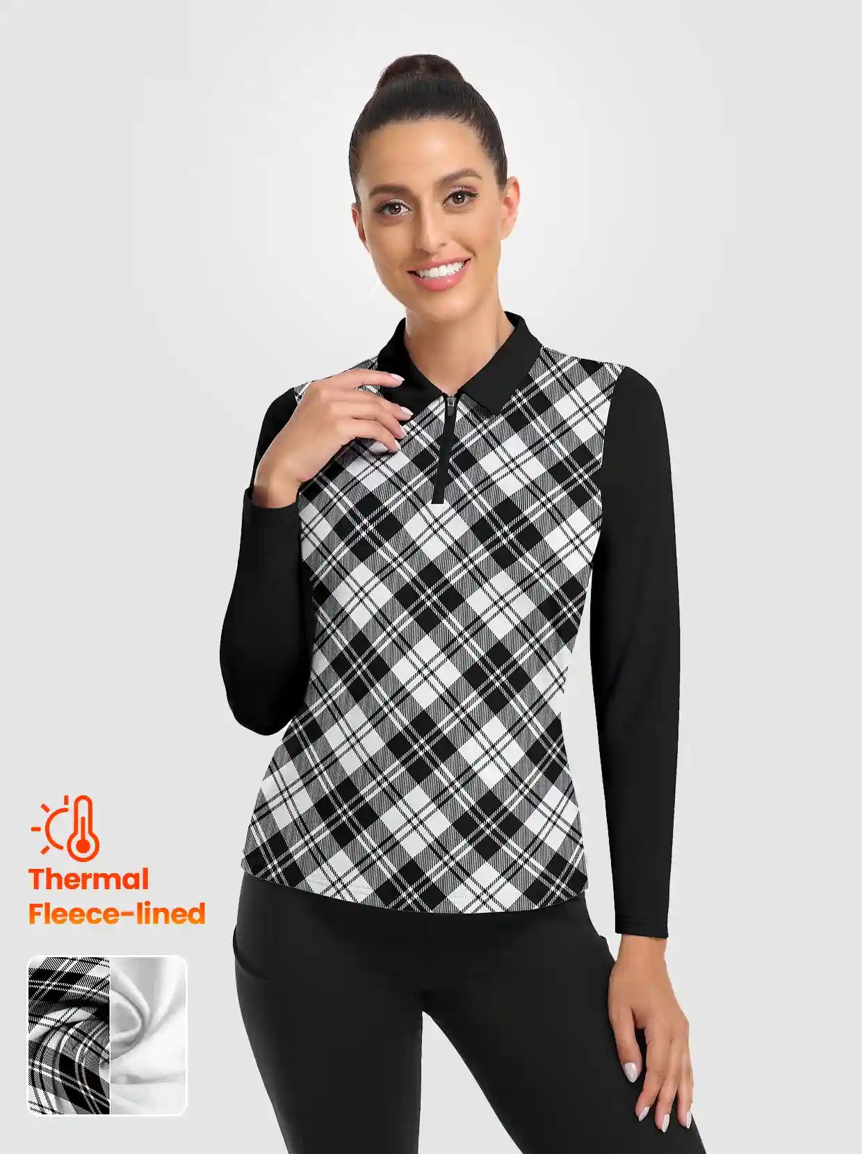 Black and Grey Checkerboard V-Neck Long-sleeve Fleece Top for Women