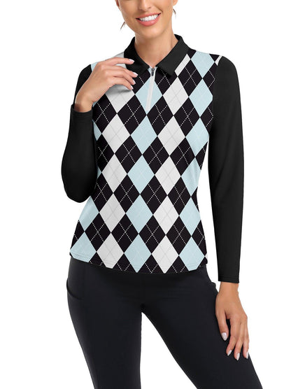 Black and Blue Argyle Quarter-zip Long-sleeve Fleece Top for Women