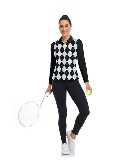 Black and Blue Argyle Quarter-zip Long-sleeve Fleece Top for Women