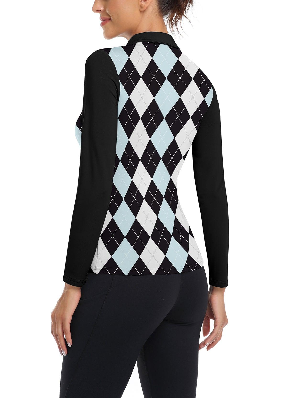 Black and Blue Argyle Quarter-zip Long-sleeve Fleece Top for Women