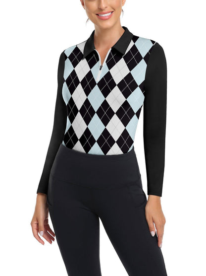 Black and Blue Argyle Quarter-zip Long-sleeve Fleece Top for Women