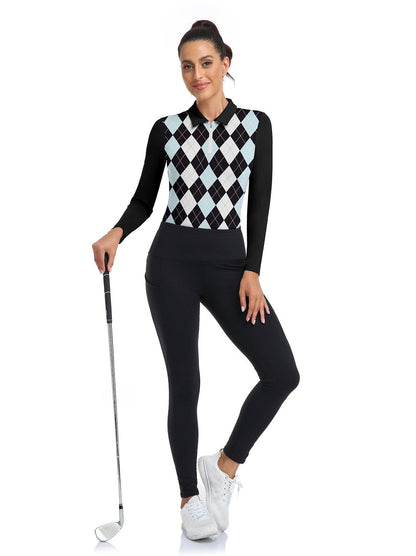 Black and Blue Argyle Quarter-zip Long-sleeve Fleece Top for Women