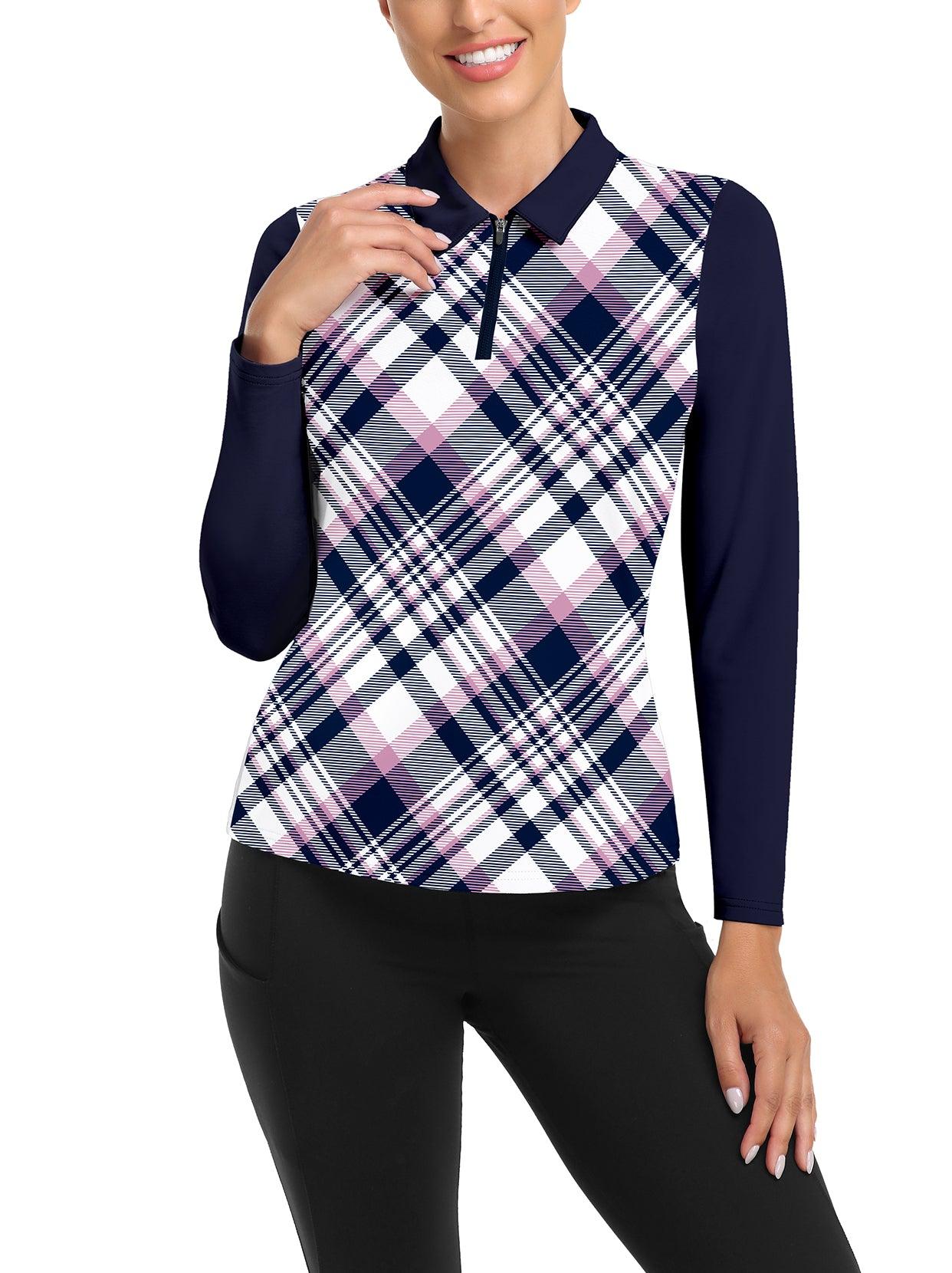 Blue and Purple Checkerboard Long-sleeve Golf Shirt for Women