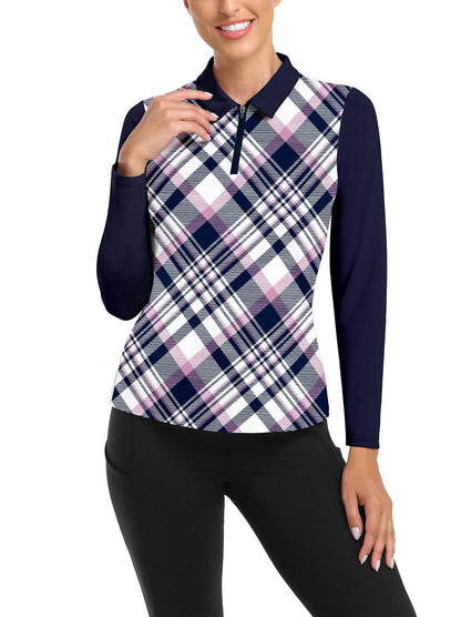 Blue and Purple Checkerboard Long-sleeve Fleece Top for Women