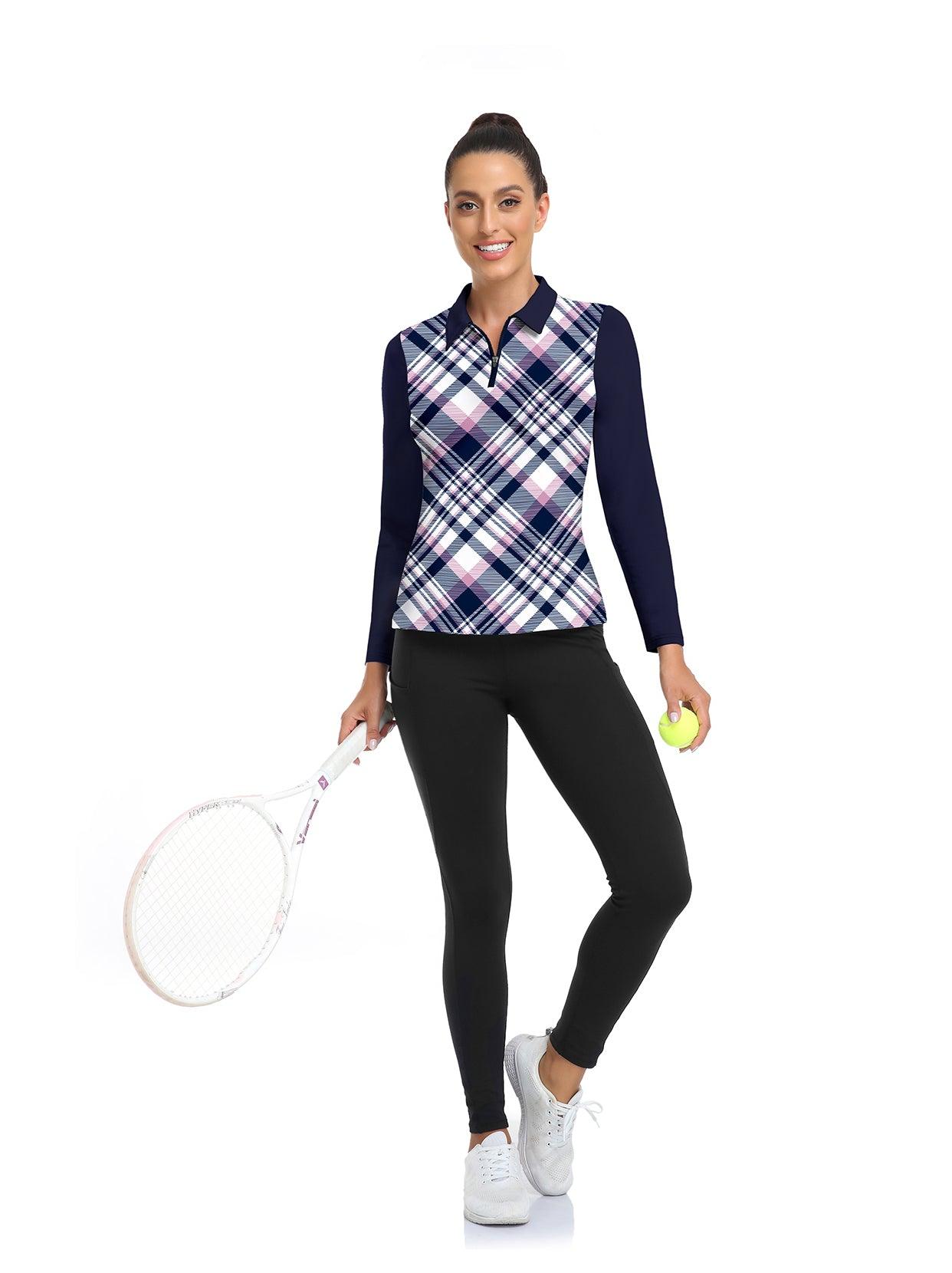 Blue and Purple Checkerboard Long-sleeve Golf Shirt for Women