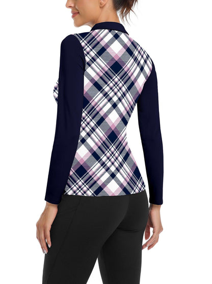 Blue and Purple Checkerboard Long-sleeve Golf Shirt for Women