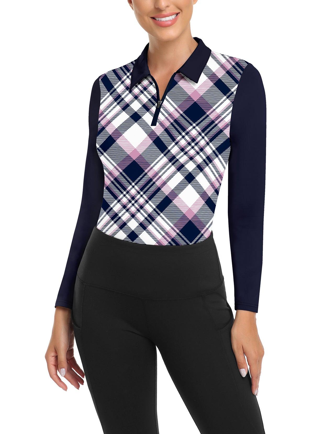 Blue and Purple Checkerboard Long-sleeve Golf Shirt for Women