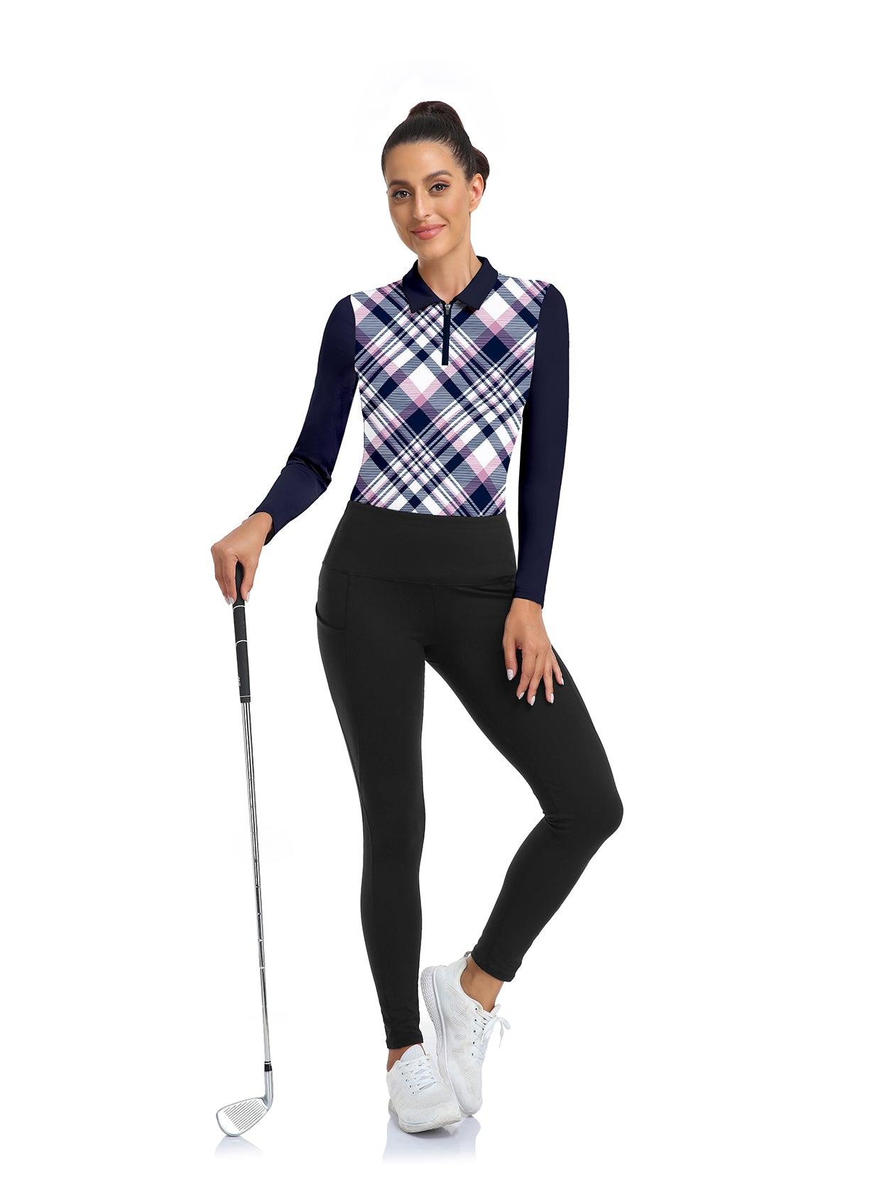 Blue and Purple Checkerboard Long-sleeve Golf Shirt for Women