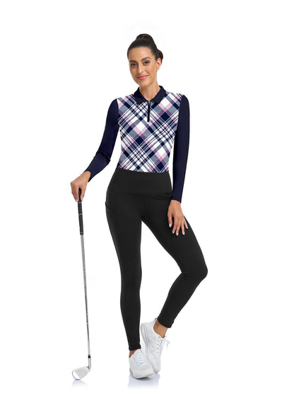 Blue and Purple Checkerboard Long-sleeve Golf Shirt for Women