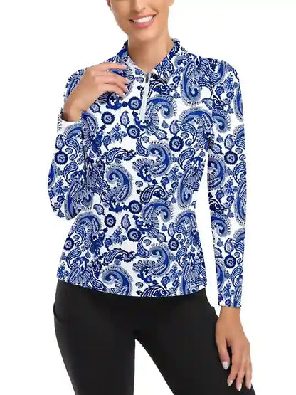 Blue Floral Long Sleeve Fleece Top for Women