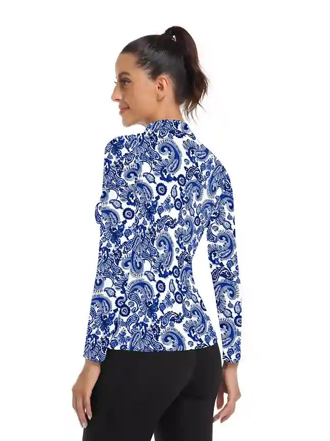 Blue Floral Long Sleeve Fleece Top for Women