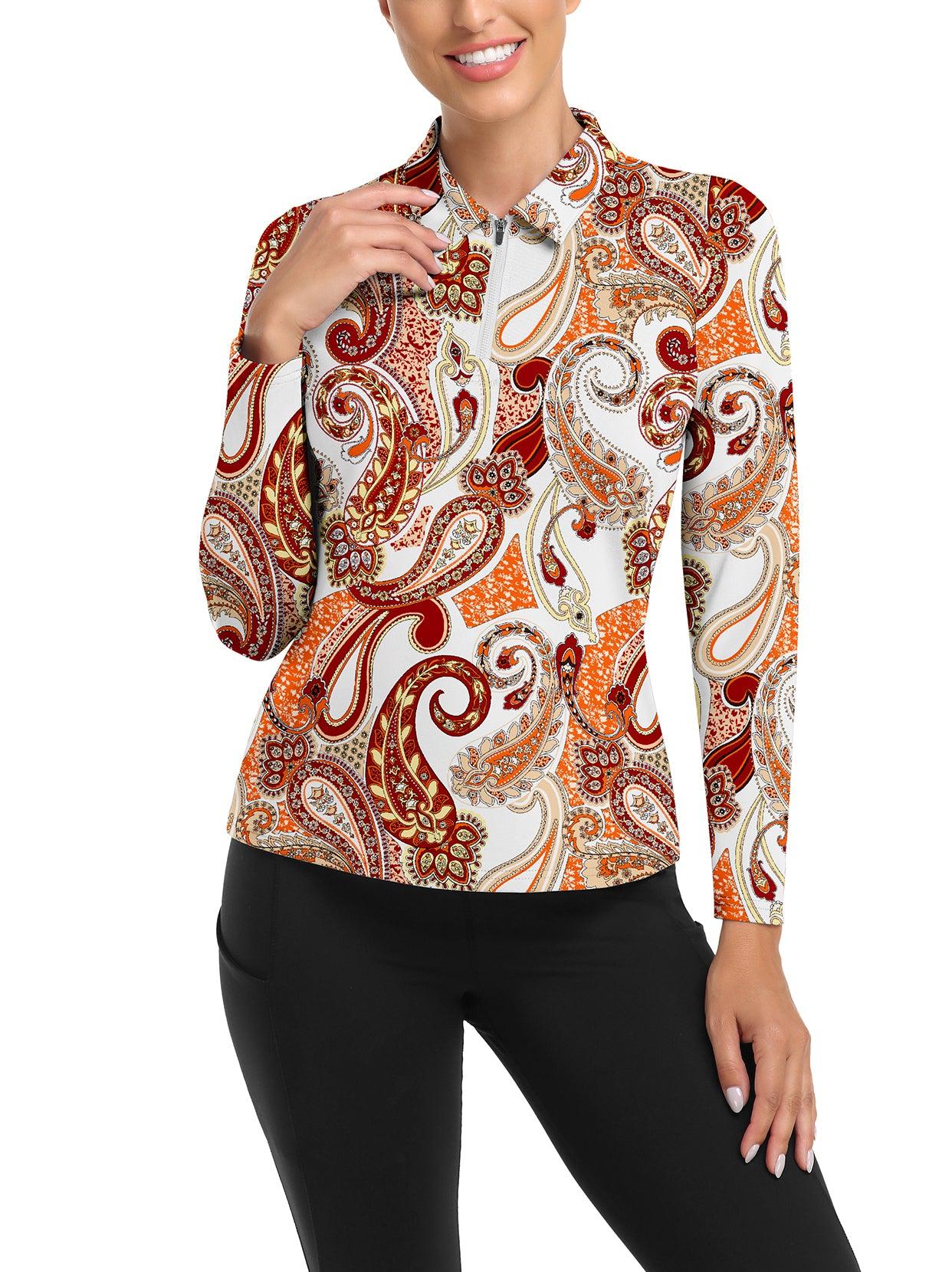 Gold Paisely V-Neck Long-sleeve Fleece Top for Women