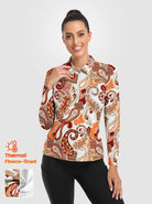 Gold Paisley V-Neck Long-sleeve Fleece Top for Women