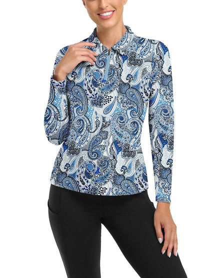 Blue Vintage Print Long-sleeve Fleece Top for Women