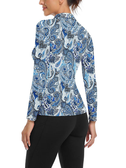 Blue Vintage Print Long-sleeve Fleece Top for Women