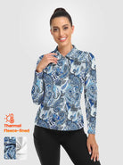 Blue Vintage Print Long-sleeve Fleece Top for Women