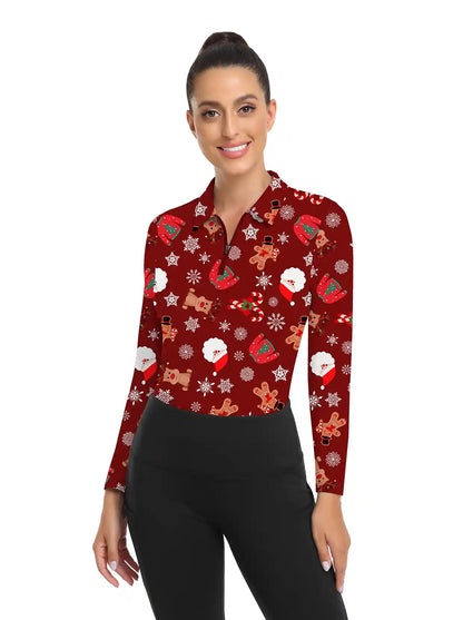 Christmas Elk Snowmen Pattern Polo Shirt for Women