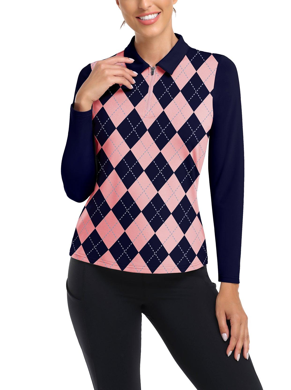 Pink and Black Checkerboard V-Neck Long-sleeve Golf Shirt for Women