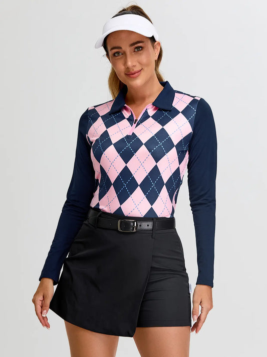 Pink and Black Checkerboard V-Neck Long-sleeve Fleece Top for Women