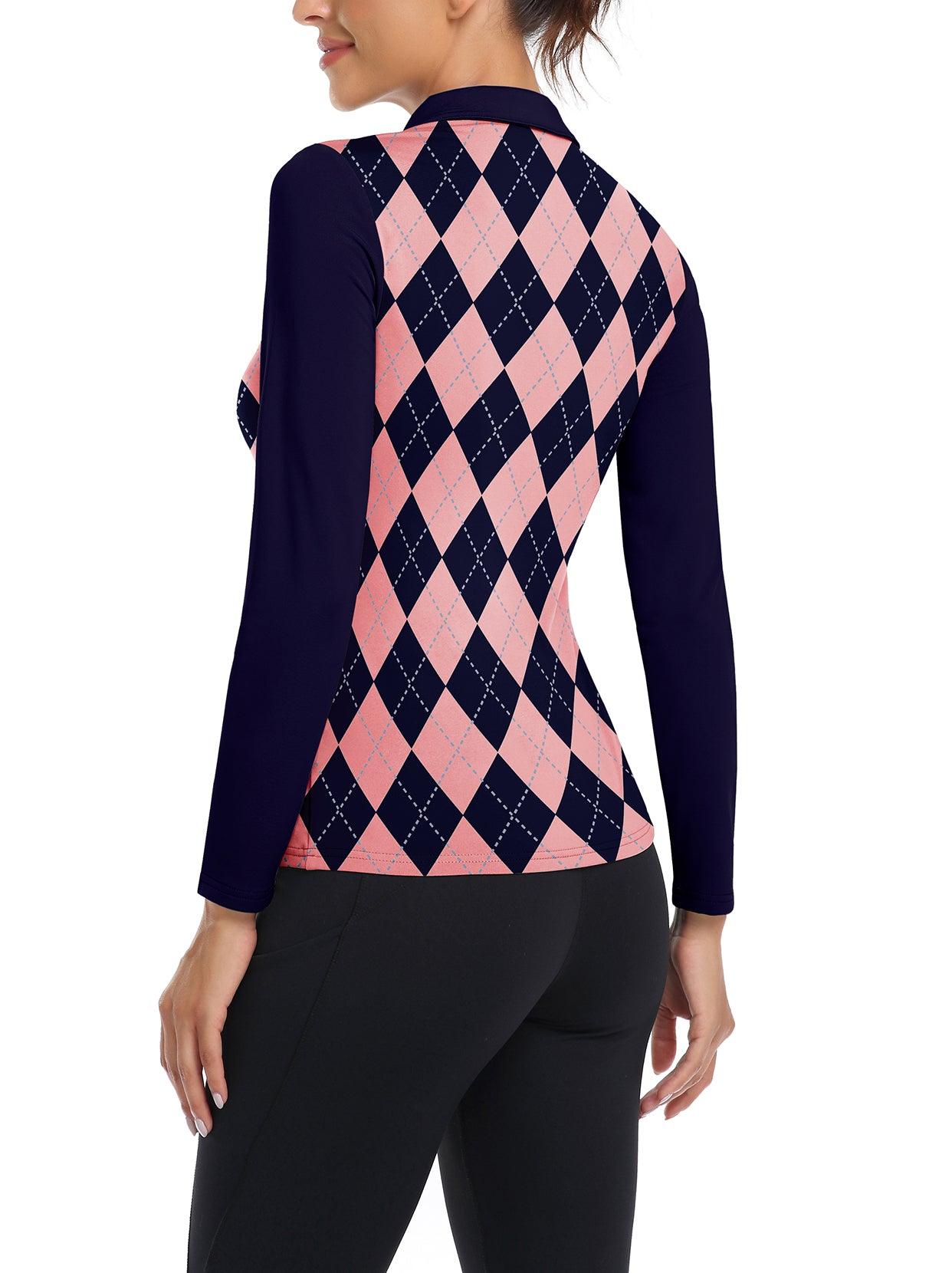 Pink and Black Checkerboard V-Neck Long-sleeve Golf Shirt for Women