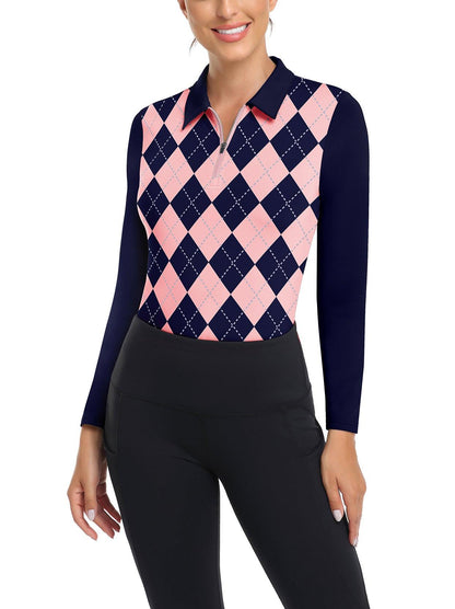 Pink and Black Checkerboard V-Neck Long-sleeve Golf Shirt for Women