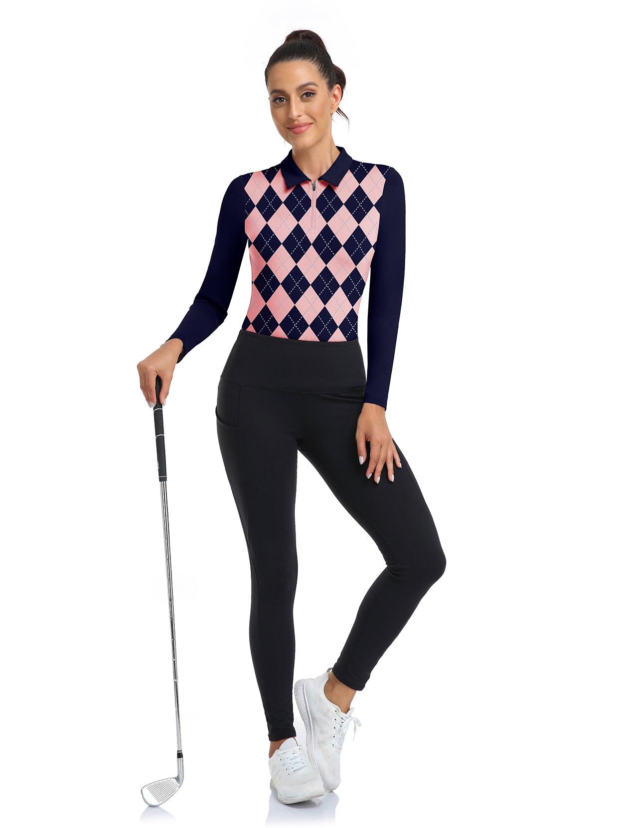 Pink and Black Checkerboard V-Neck Long-sleeve Fleece Top for Women