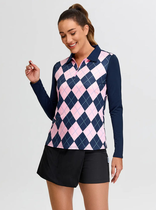 Pink and Black Checkerboard V-Neck Long-sleeve Fleece Top for Women