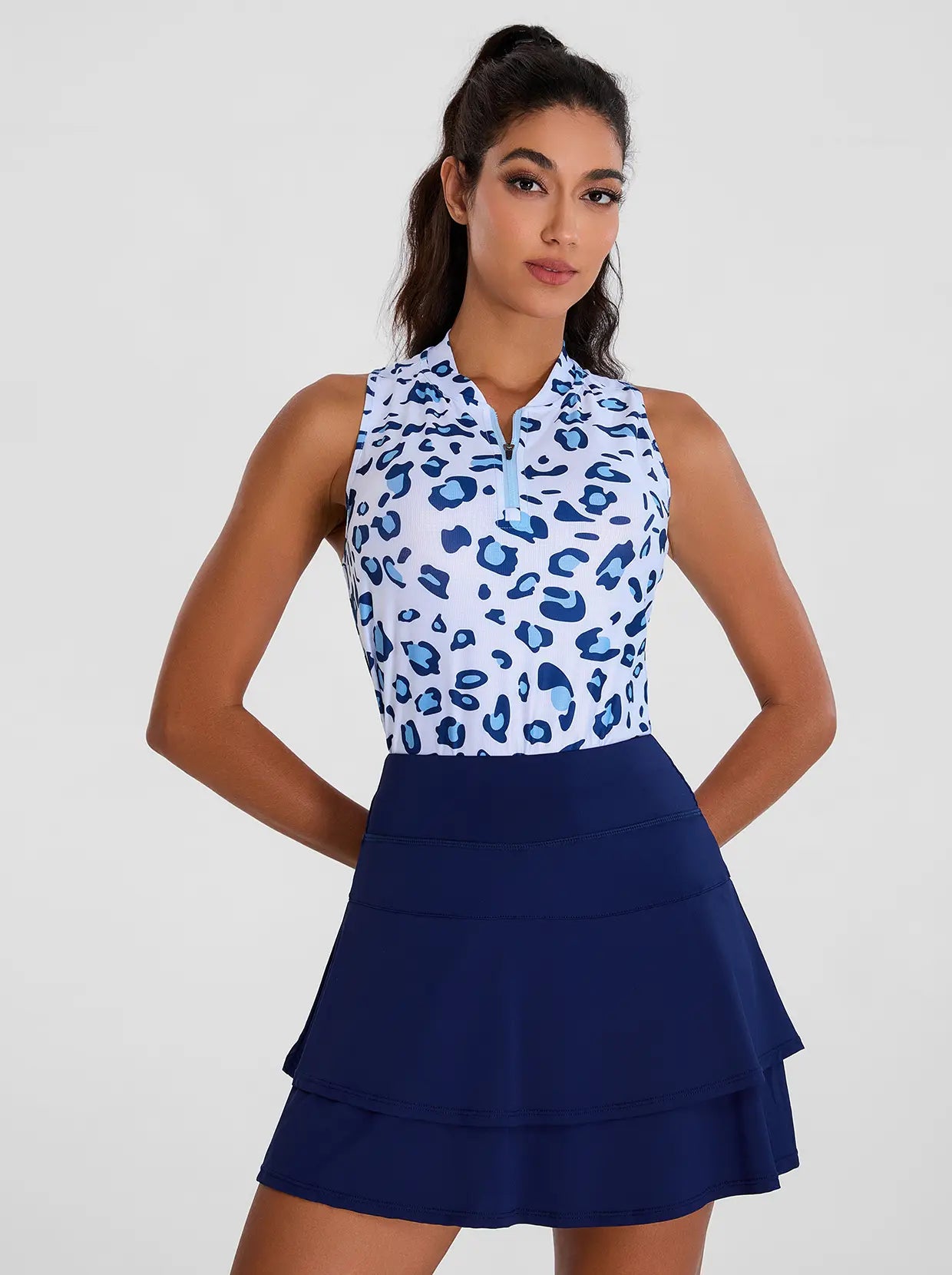 Blue Leopard Print Quarterzip Sleeveless Golf Polo Shirts For Women