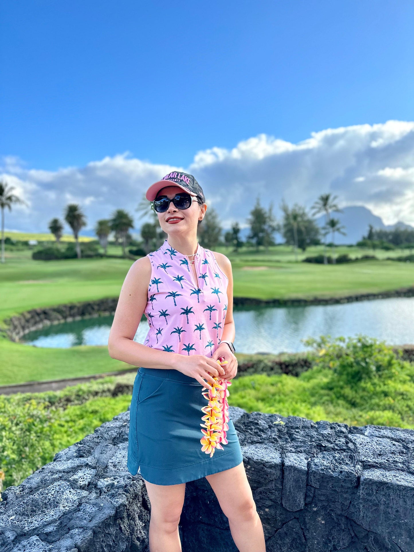 Ladies Sleeveless Golf Polo- 🏌🏿‍♀️SO® Green Coconut Tree on Pink Background Print  Athletic Polo Shirts Moisture Wicking Tennis Shirts Dry Fit Athletic Polo Shirts Moisture Wicking Tennis Shirts Dry Fit