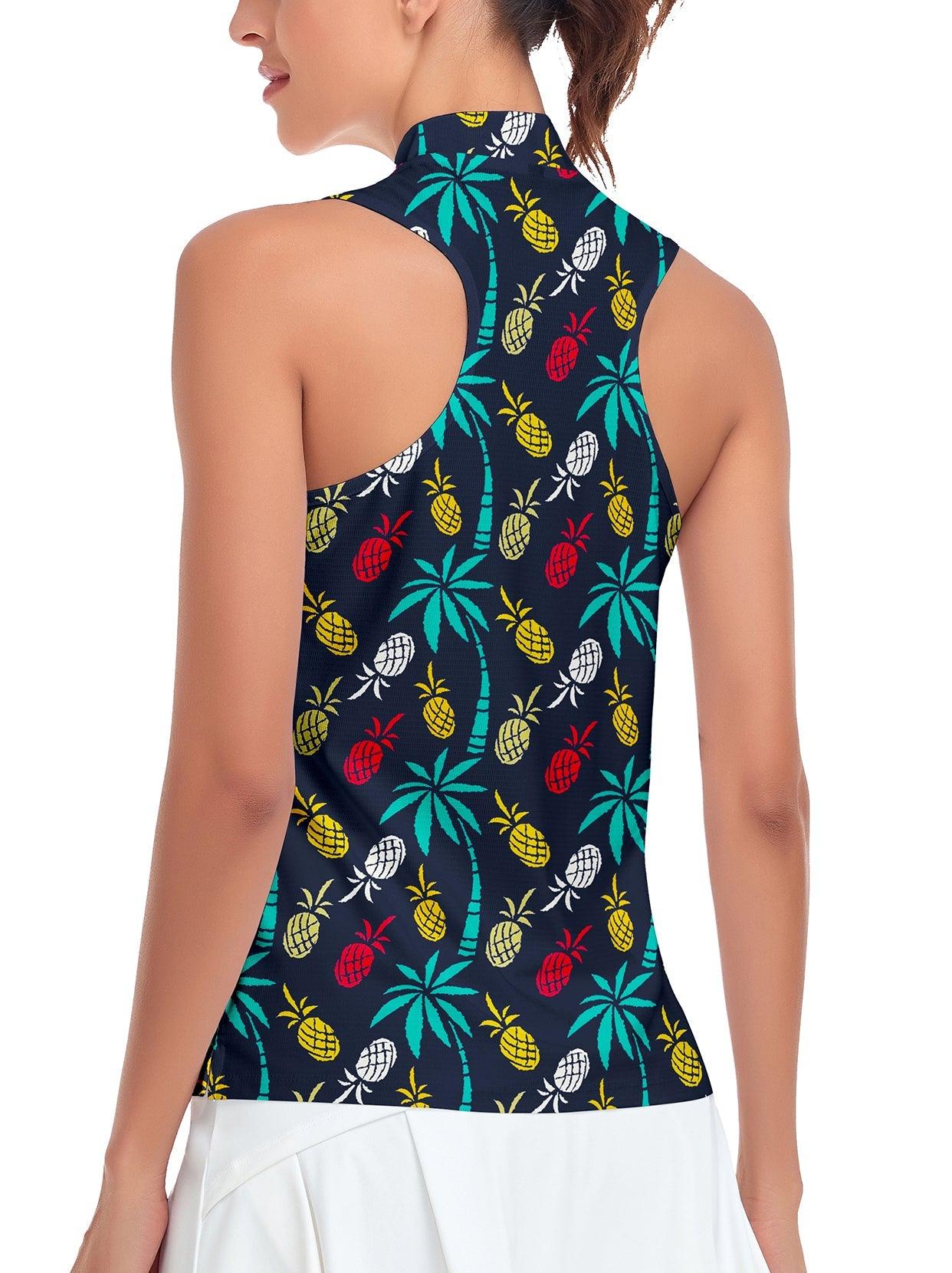 Soneven Ladies Golf Sleeveless Polo-??Pineapple and Palm Trees Racerback Athletic Polo Shirts Moisture Wicking Tennis Shirts Dry Fit