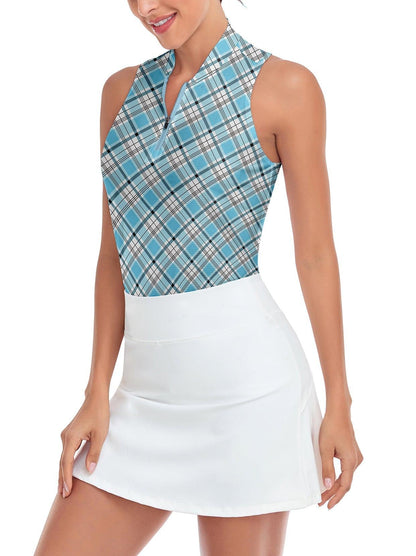 Soneven Ladies Golf Sleeveless Polo-??Blue Checkerboard Racerback Athletic Polo Shirts Moisture Wicking Tennis Shirts Dry Fit