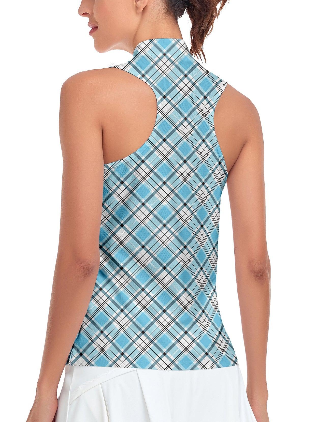 Soneven Ladies Golf Sleeveless Polo-??Blue Checkerboard Racerback Athletic Polo Shirts Moisture Wicking Tennis Shirts Dry Fit