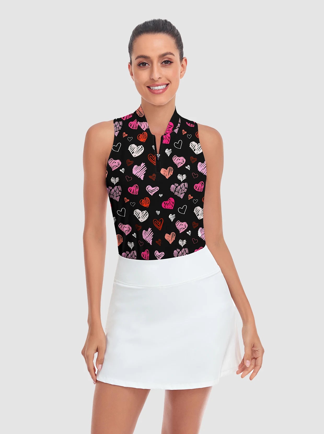 Heart Print Racerback Quarter-zip Sleeveless Shirt for women