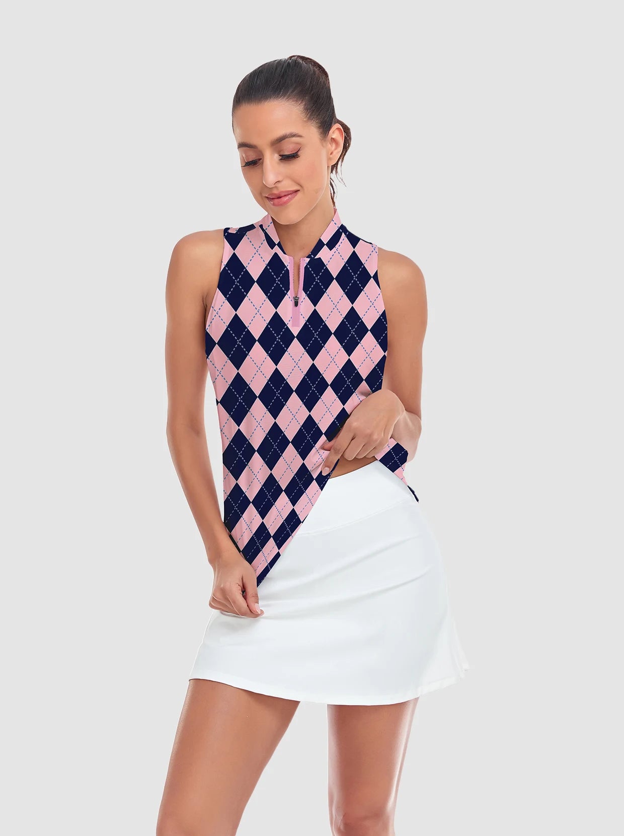 Pink Checkerboard Quarter-zip Racerback Sleeveless Shirt For Women 