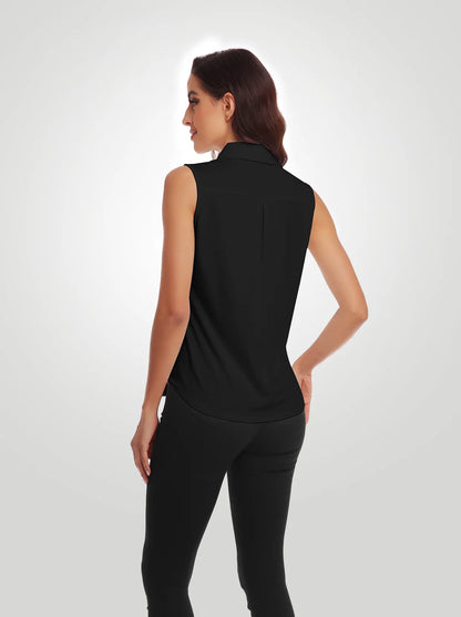 Solid Black Button-Down Sleeveless Polo Shirts For Women