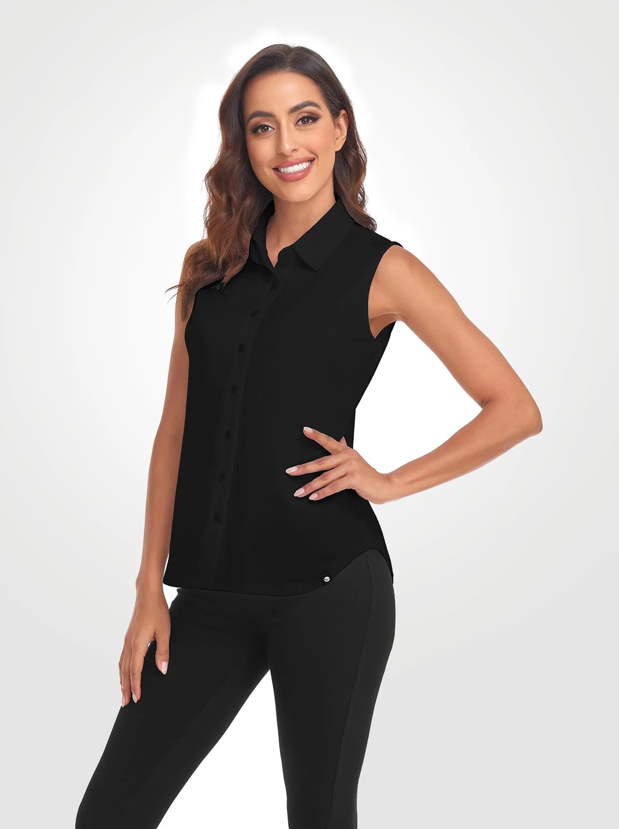 Solid Black Button-Down Sleeveless Polo Shirts For Women