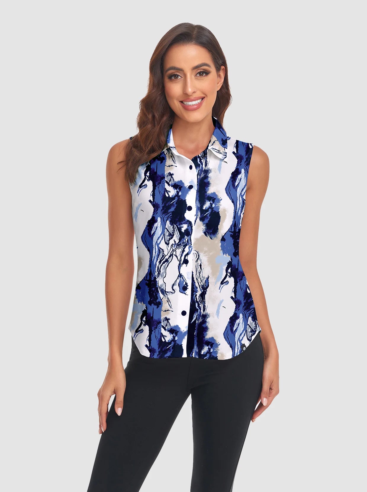 Title
Blue Crack Print Button-Down Sleeveless Polo Shirts For Women 
