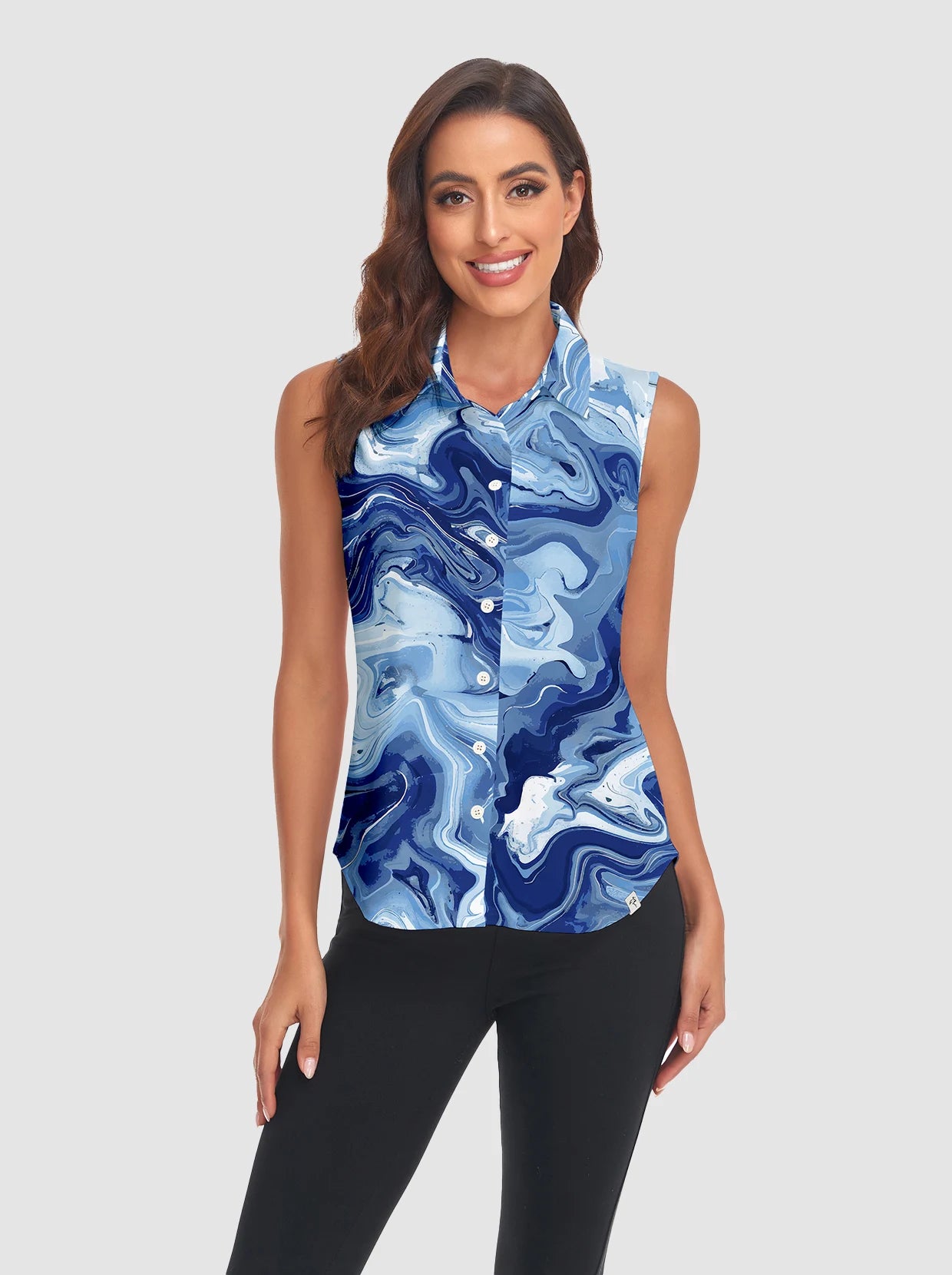 Abstract Print Button-Down Sleeveless Polo Shirts For Women