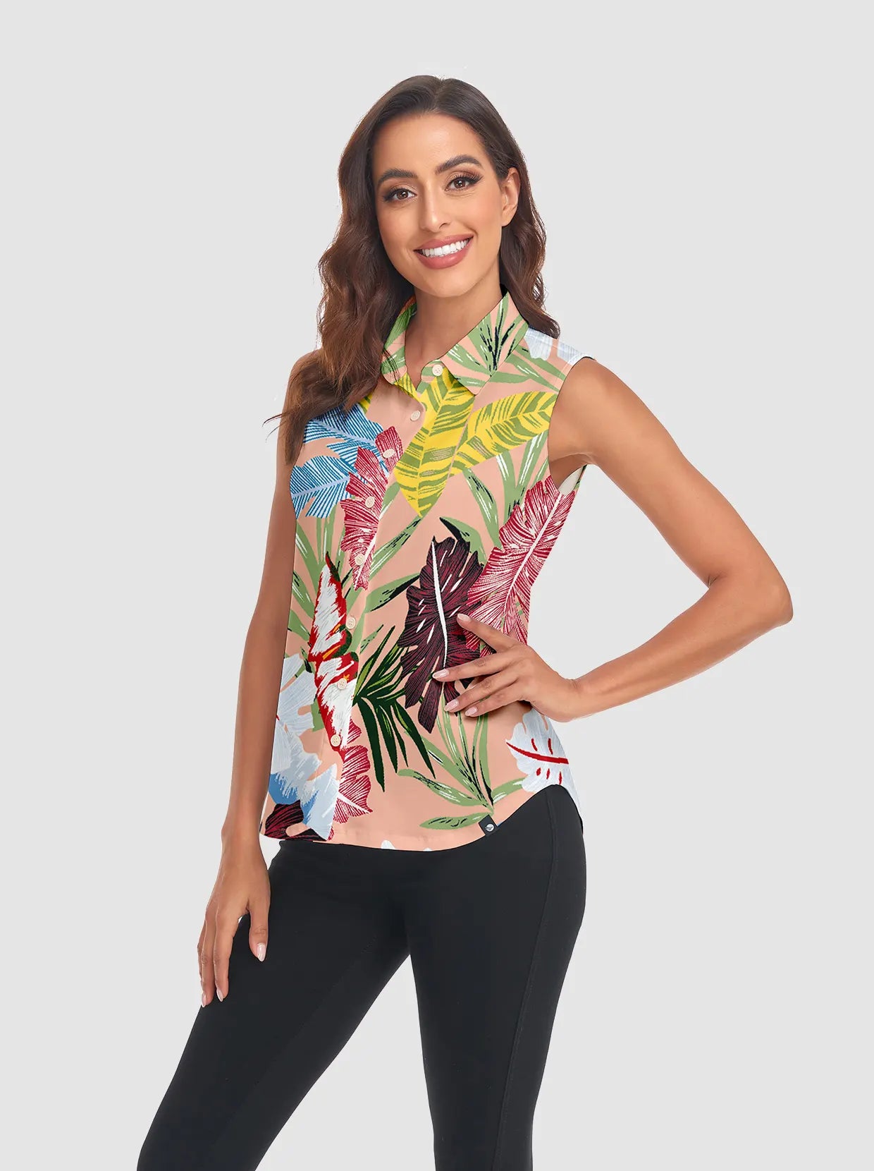 Ladies Golf Sleeveless Floral Button-down Sleeveless Polo Shirt