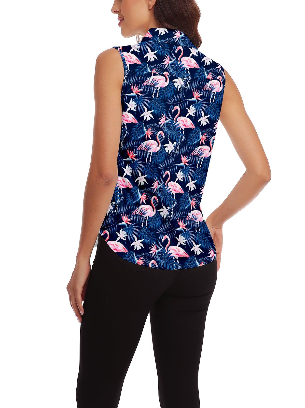 Flamingo Button-down Golf Polo Shirt For Women