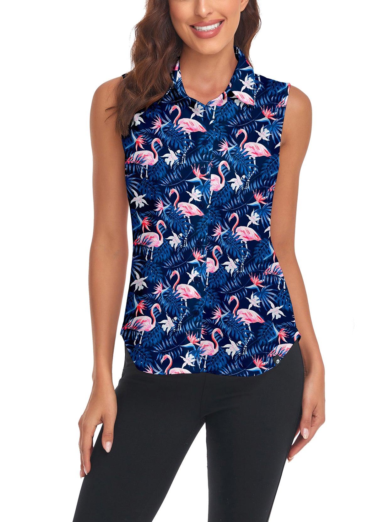 Flamingo Button-down Golf Polo Shirt For Women