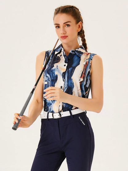 Blue Crack Button down Sleeveless Golf Polo - Suitable for Course