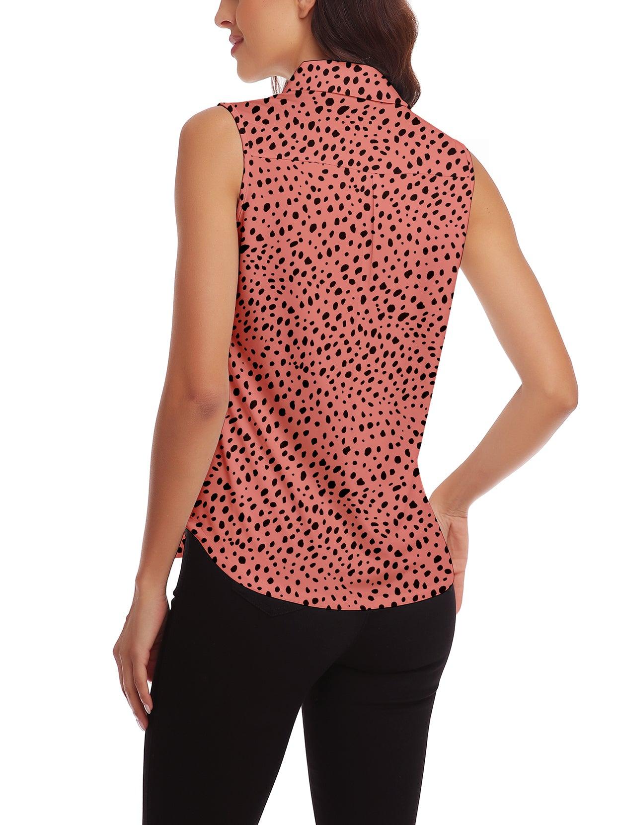 Ladies Golf Sleeveless Floral Athletic Polo Shirts-Pink-orange Spots Shirts Moisture Wicking Tennis Shirts Dry Fit