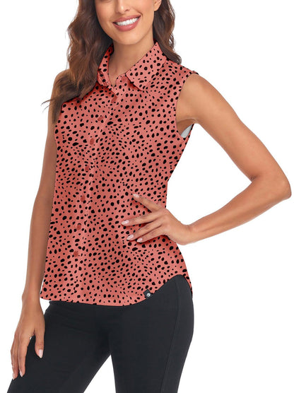 Ladies Golf Sleeveless Floral Athletic Polo Shirts-Pink-orange Spots Shirts Moisture Wicking Tennis Shirts Dry Fit