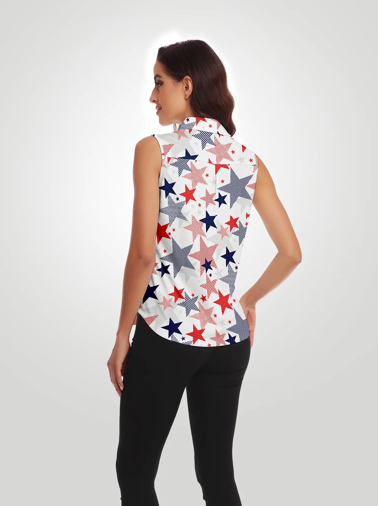 Star Print Button-Down Sleeveless Polo Shirts For Women