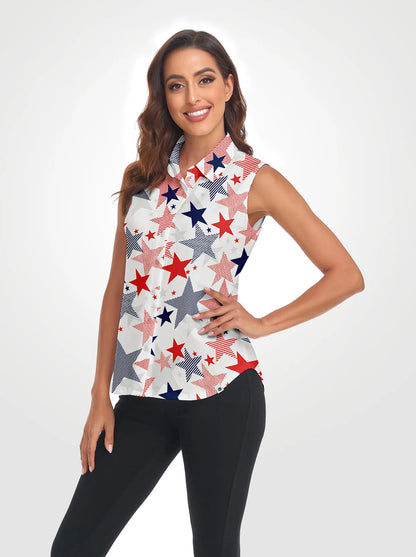 Star Print Button-Down Sleeveless Polo Shirts For Women