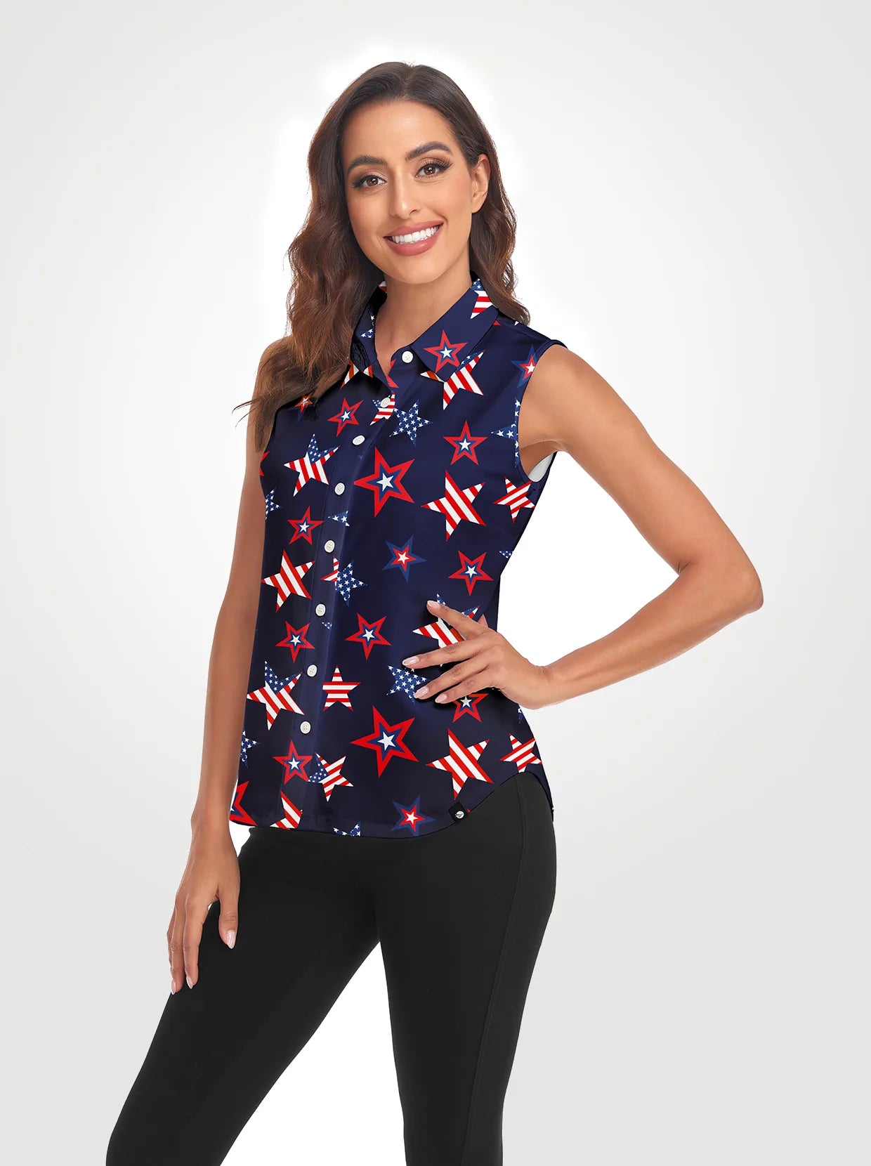 Blue Star Button-Down Sleeveless Polo Shirts For Women